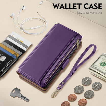 Antsturdy Compatible with iPhone 16 Plus Wallet Case,RFID Blocking PU Leather Phone Case Women Men Kickstand flip Cover Wrist Strap Zipper Credit Card Holder Slots for Apple 16 Plus 6.7",Purple