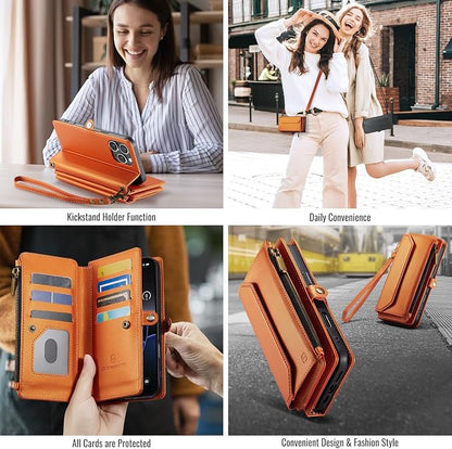 Strapurs Wallet Case Compatible with iPhone 16 Pro Max 6.9" RFID Blocking 10-Card Holder Soft PU Leather Magnetic Snap Shoulder Strap Zipper Pocket Phone Case Fit for iPhone 16 Pro Max - Orange