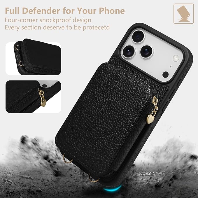 Keallce Case for iPhone 17 Pro Max 6.9'' Case Wallet, Crossbody Zipper Purse with RFID Blocking Card Slots Kickstand, Lanyard & Handstrap Flip Folio Leather Phone Cover for iPhone 17 Pro Max, Black