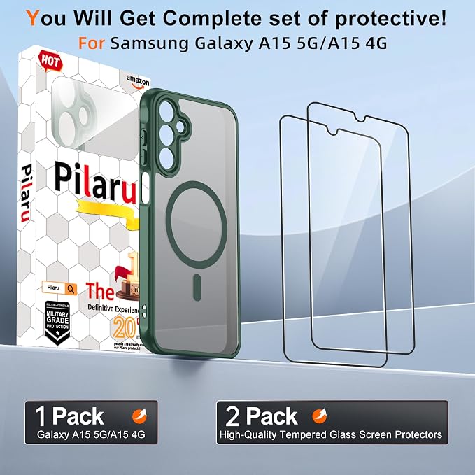Pilaru for Samsung Galaxy A15 Case [Compatible with Magsafe] Translucent Matte Magnetic Phone Case,Slim Thin Duty Shockproof Protection Cover with 2pc Tempered Glass Screen Protector for A15-Green