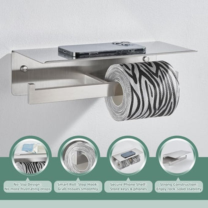 APLusee Double Toilet Paper Holder with Shelf, 304 Stainless Steel Brushed Nickel Bathroom Tissue Holder, Commercial Paper Roll Dispenser Wall Mounted