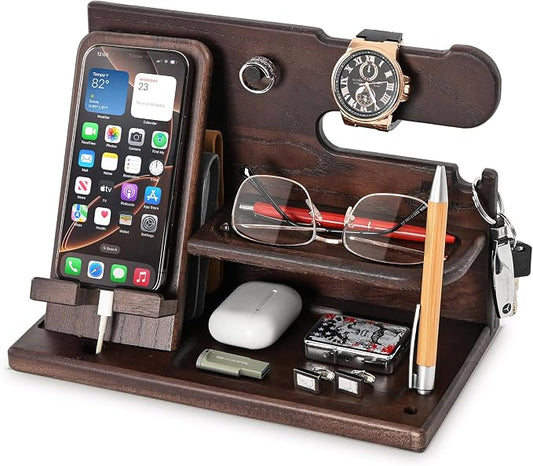 TESLYAR Wood Phone Docking Station for Men - Desk or Nightstand Organizer - Birthday Gifts for Husband, Dad - Anniversary Idea from Wife - Key Holder, Stand Wallet, Watch & Essentials (Wenge)