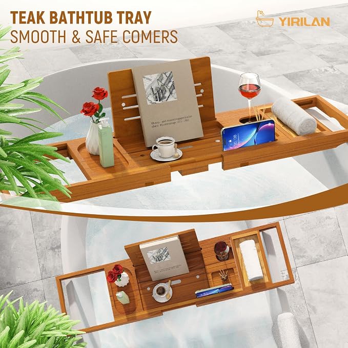 Yirilan Teak Bathtub Tray for Tub, Bath Table Tray for Tub Wood, Bathtub Caddy, Luxury Gift for House Warming, Wedding, Bridal Shower, Anniversary
