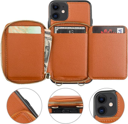 Bocasal RFID Blocking Wallet Case for iPhone 11, Adjustable Crossbody Zipper Purse Case Card Holder with Kickstand Detachable Wrist Strap, PU Leather Flip Folio Case 6.1 Inch (Brown)