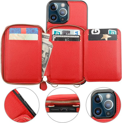 Bocasal RFID Blocking Wallet Case for iPhone 13 Pro Max, Adjustable Crossbody Zipper Purse with Kickstand and Detachable Wrist Strap, PU Leather Flip Folio Case 6.7 Inch 5G (Red)