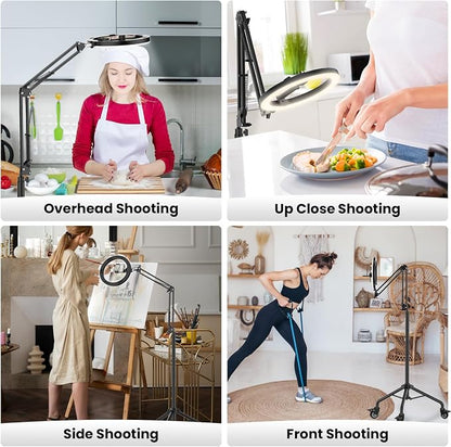 LUXSURE Ring Light Tripod for iPhone,Ring Light with Stand and Phone Holder,LED Overhead Camera Mount with Casters,Phone Tripod with Light and Remote for Video Recording/Live Stream/Cooking