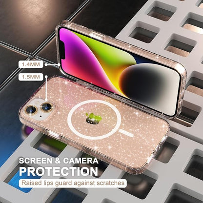Choiche Magnetic Case for iPhone 14 Plus, Women Clear Glitter Bling Sparkly Case, [2xDiamond Camera Lens Protectors] [2xTempered Glass Screen Protectors] [Compatible MagSafe] (Glitter Gold)