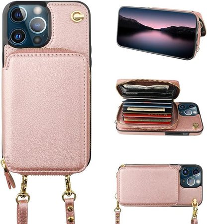 Bocasal Crossbody Wallet Case for iPhone 13 Pro Max, RFID Blocking Leather Purse Case with Card Holder, Protective Handbag Flip Cover with Zipper Wrist Strap Lanyard for Women 5G 6.7 Inch (Rose Gold)