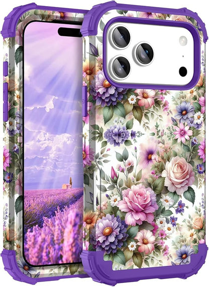 Hocase for iPhone 17 Pro Case 6.3", Heavy Duty Shockproof Protection Soft Silicone Rubber+Hard Plastic Bumpers Hybrid Protective Case for iPhone 17 Pro 2025 - Purple Pink Flowers