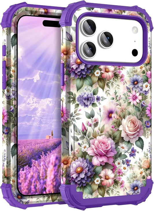 Hocase for iPhone 17 Pro Case 6.3", Heavy Duty Shockproof Protection Soft Silicone Rubber+Hard Plastic Bumpers Hybrid Protective Case for iPhone 17 Pro 2025 - Purple Pink Flowers