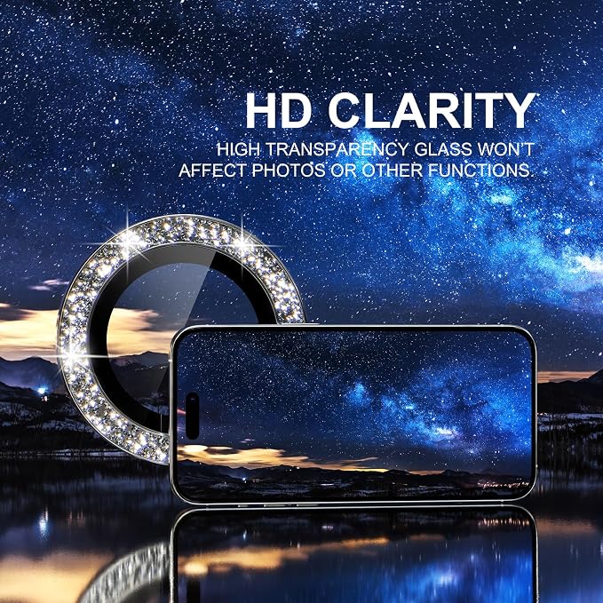 Choiche Compatible for iPhone 15 Pro/iPhone 15 Pro Max Camera Lens Protector Bling, 9H Tempered Glass Camera Cover Screen Protector Metal Ring Decoration Accessories (Glitter-Silver)