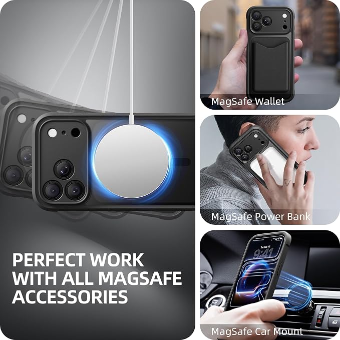 BERFY for iPhone 17 Pro Max Case, Compatible with MagSafe, Built-in Glass Screen Protector, Camera Protection, Shockproof Full Body Phone case 6.9", Translucent Black
