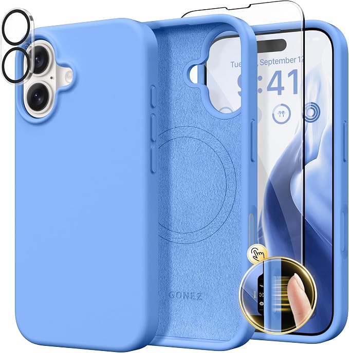 GONEZ Magnetic for iPhone 16 Case, Compatible with MagSafe, [Screen Protector + Camera Lens Protector], Liquid Silicone Shockproof Protective Phone Case for iPhone 16 6.1", Sky Blue