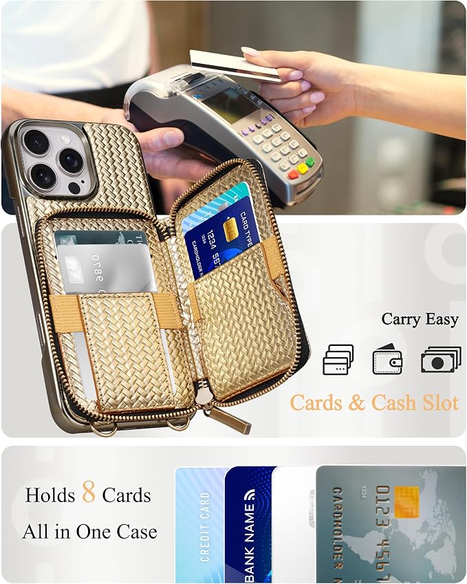Keallce Wallet Case for iPhone 16 Pro Max 6.9", Crossbody Zipper Purse with Wristlet Strap, RFID Blocking Card Holder Kickstand, Woven Leather Case Electroplating Process for Women (Gold)