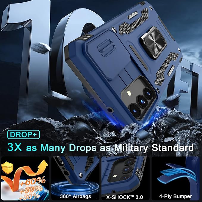 DEERLAMN Case for Samsung Galaxy A15 5G with Slide Camera Cover+Screen Protector (1 Pack), Rotated Ring Kickstand Military Grade Shockproof Protective Cover-Navy Blue