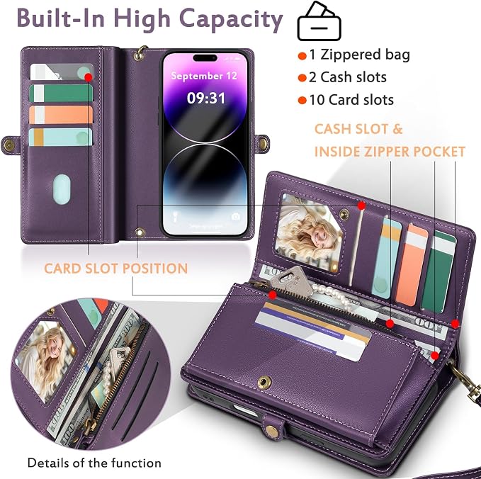 for Wallet Case Compatible with iPhone 14 Pro Max,Multi-Function Detachable 2 in 1 Magnetic iPhone 14 Pro Max Case Wallet,Flip Strap Zipper Card Holder Phone Case with Shoulder Straps (Pruple)
