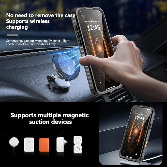 GOLDJU Magnetic for iPhone 17 Pro Max Case-Waterproof, Built-in Screen & Camera Protector-IP68 Underwater Full Body 16FT Military Dropproof Shockproof Case for 17 Pro Max 6.9''- Black