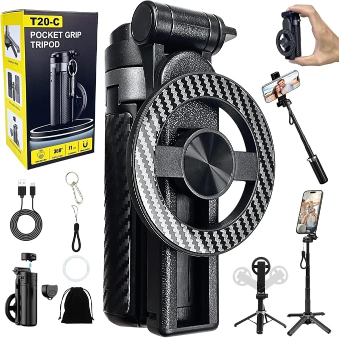 4-in-1 Magnetic Selfie Stick Tripod – 360° Rotation, Bluetooth Remote, Compact Travel Vlog Phone Holder for iPhone