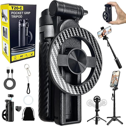 4-in-1 Magnetic Selfie Stick Tripod – 360° Rotation, Bluetooth Remote, Compact Travel Vlog Phone Holder for iPhone