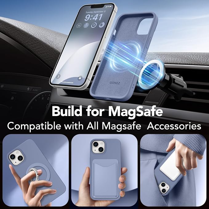 GONEZ Magnetic for iPhone 14 Case, Compatible with Magsafe, with Screen Protector + Camera Protector, Anti-Scratch Microfiber Lining, Liquid Silicone Shockproof Protective Phone Case, Lavender Gray