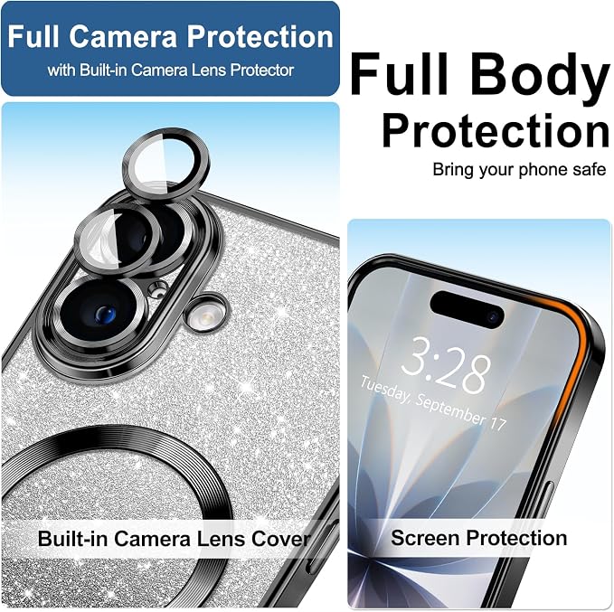 Hython for iPhone 17 Case Glitter Clear Magnetic Phone Cases [Compatible with MagSafe] Full Camera Lens Protector Sparkle Luxury Plating Slim Shockproof Protective Cover Women, Gradient Black