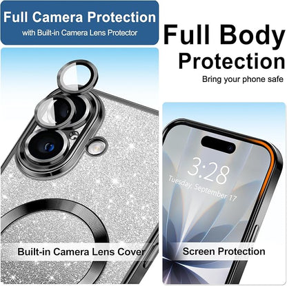 Hython for iPhone 17 Case Glitter Clear Magnetic Phone Cases [Compatible with MagSafe] Full Camera Lens Protector Sparkle Luxury Plating Slim Shockproof Protective Cover Women, Gradient Black