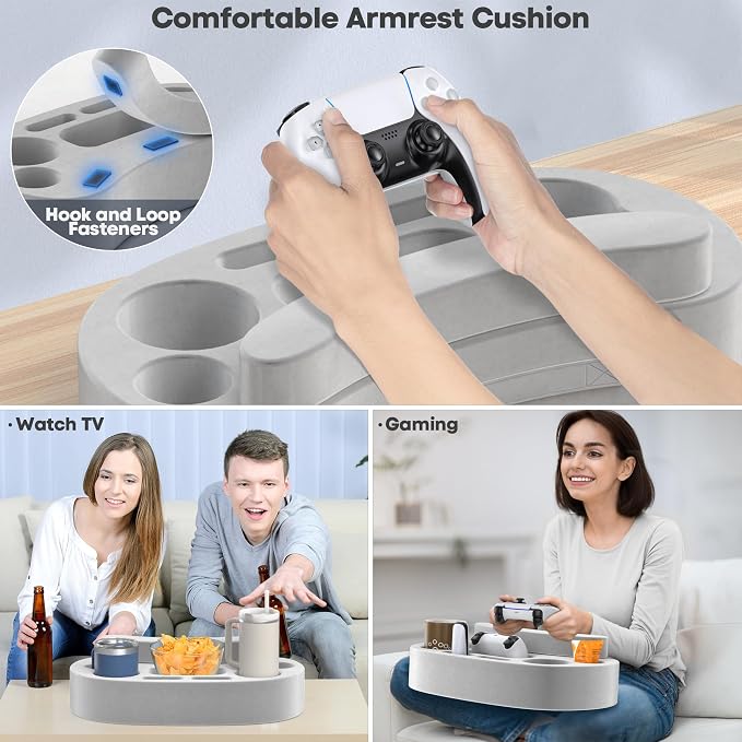 LVVIL Couch Cup Holder Pillow Tray with 6 Slots, Gaming Pillow Couch Cupholder Tray with Armrest Cushion, Couch Caddy & Buddy with Drink, Controller, Remote, Phone Holder, Gaming Snack Holder