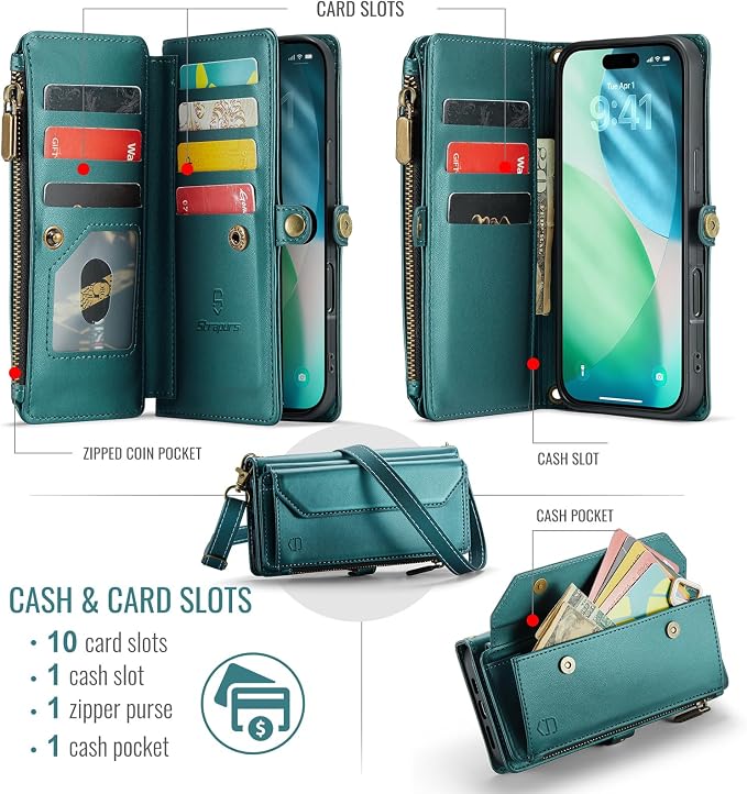 Strapurs Wallet Case Compatible with iPhone Air 6.5" RFID Blocking 10-Card Holder Soft PU Leather Magnetic Snap Shoulder Strap Zipper Pocket Phone Case Fit for iPhone 17 Air for Women - Blue Green