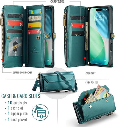 Strapurs Wallet Case Compatible with iPhone Air 6.5" RFID Blocking 10-Card Holder Soft PU Leather Magnetic Snap Shoulder Strap Zipper Pocket Phone Case Fit for iPhone 17 Air for Women - Blue Green