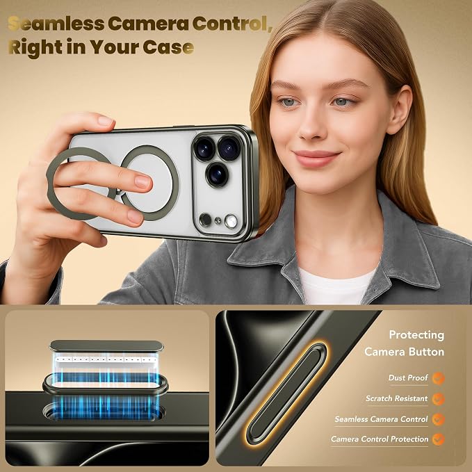 GolbinBox for iPhone 17 Pro Max Case with 360° Spin Magnetic Stand,[Compatible with Magsafe] [Military Protection][Built-in Ring Holder] Camera Control Phone Case for 17 Pro Max,Titanium Gray/Clear