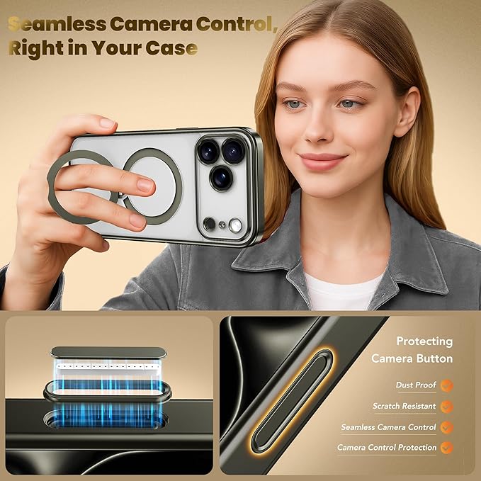 GolbinBox for iPhone 17 Pro Case with 360° Spin Magnetic Stand,[Compatible with Magsafe] [Military Protection][Built-in Ring Holder] Camera Control Phone Case for 17 Pro,Titanium Gray/Clear