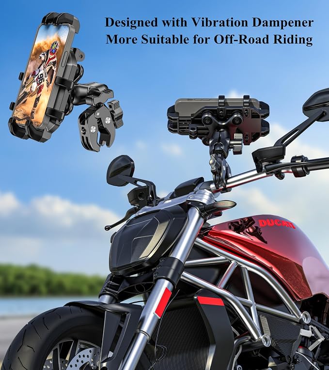 BRCOVAN Motorcycle Phone Mount Holder with Vibration Dampener, Anti-Shake Cellphone Clamp Fit Handlebars 0.5'' to 1.5'' in Diameter for Bike Bicycle Scooter ATV, Adjustable Fit 5.4-6.9'' Smartphones