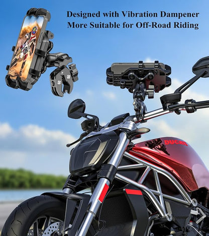 BRCOVAN Motorcycle Phone Mount Holder with Vibration Dampener, Anti-Shake Cellphone Clamp Fit Handlebars 0.5'' to 1.5'' in Diameter for Bike Bicycle Scooter ATV, Adjustable Fit 5.4-6.9'' Smartphones