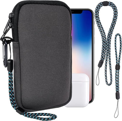 Pwsap Phone Sock, Universal Shock & Impact Resistant Neoprene Pouch with Carabiner and Lanyard Strap Sleeve Case for Hiking & Travelling Phone Bag Fits Phones up to 7 Inches, Gray, L
