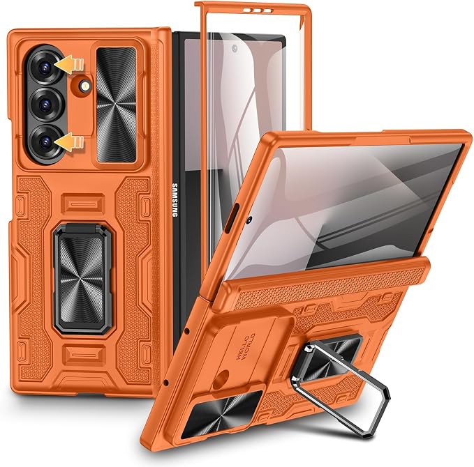 VEGO for Galaxy Z Fold 7 Phone Case with Screen Protector & Stand, Orange | Built-in Slide Lens Cover& Hinge Protection Heavy Duty Shockproof Drop Protection Rugged Hard Case for Samsung Z Fold 7
