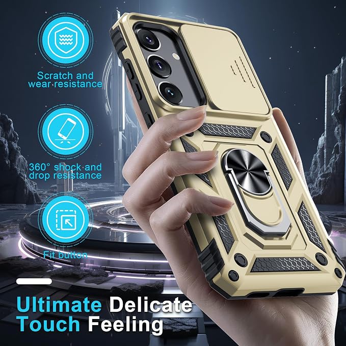 Janmitta Compatible with Samsung Galaxy S25 Plus/S24 Plus Case Built in Slide Camera Lens Cover+Screen Protector+Finger Ring Holder Kickstand,Heavy Duty Shockproof Full Body Phone Cover,Gold