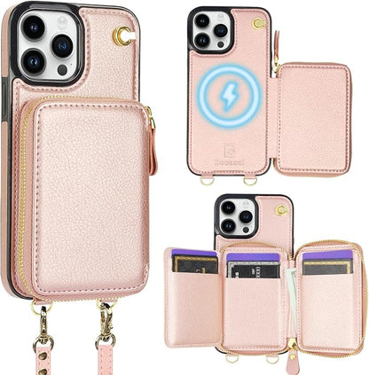 Bocasal for MagSafe Crossbody Wallet Case Compatible with iPhone 13 Pro Max, RFID Blocking Protective Purse Case with Card Slots Holder Kickstand Wrist Strap Lanyard Zipper 6.7 Inch 5G (Rose Gold)