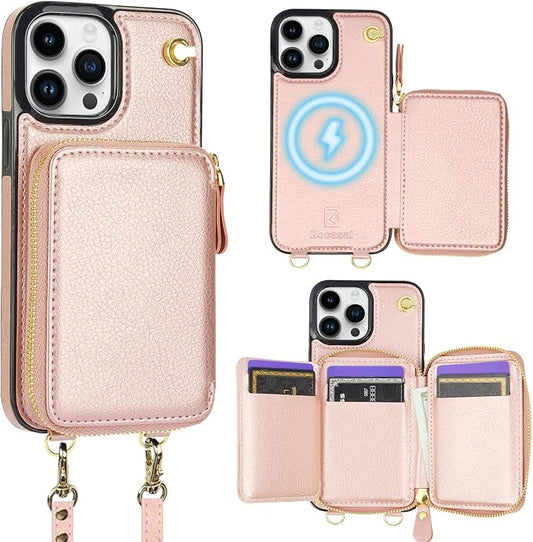 Bocasal for MagSafe Crossbody Wallet Case Compatible with iPhone 13 Pro Max, RFID Blocking Protective Purse Case with Card Slots Holder Kickstand Wrist Strap Lanyard Zipper 6.7 Inch 5G (Rose Gold)