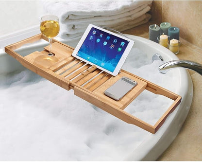InterDesign Formbu Bathtub Caddy with Reading Tray, Wine, Tablet and Phone Holder - Natural