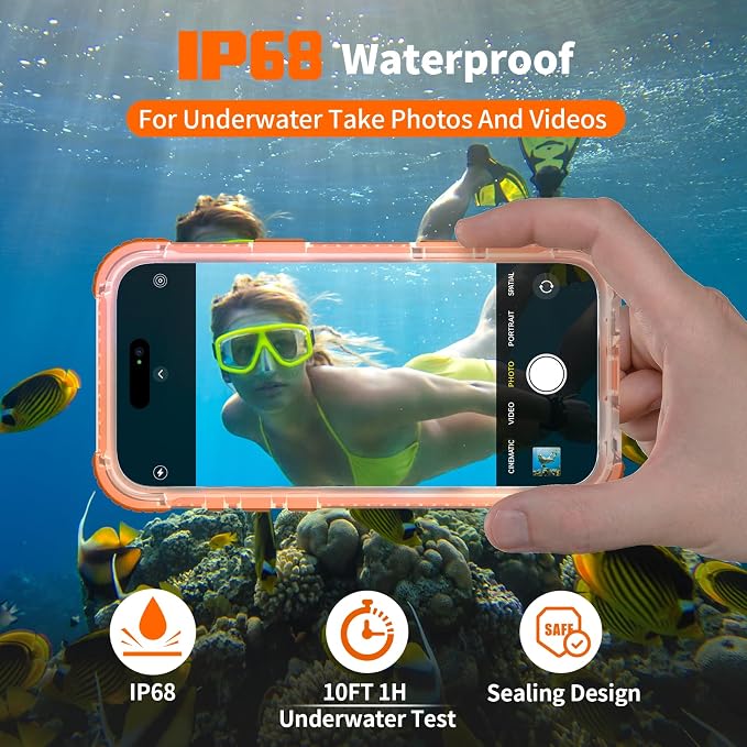 for iPhone 16 Pro Waterproof Case Compatible with MagSafe, IP68 Underwater Case Built-in Screen Protector, Slim Translucent 360° Full Body Protection, 12FT Military Grade, 6.3 Inch (Orange)