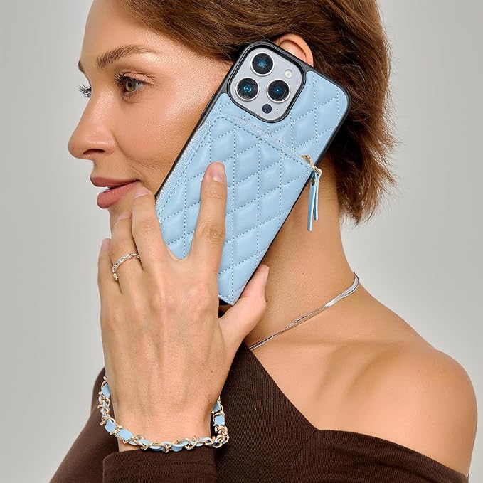 LAMEEKU for iPhone 17 Pro Case Wallet with Card Holder, Wrist Strap Crossbody Phone Cover for Women 6.3" Blue