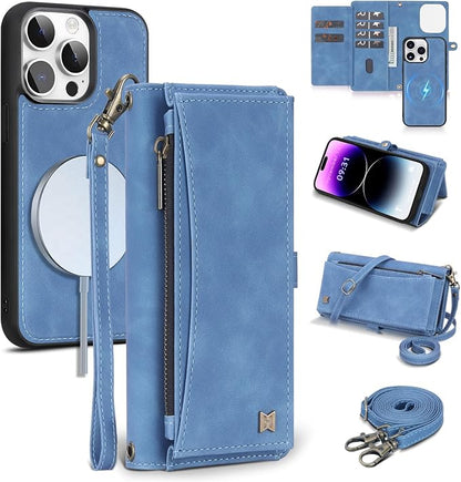 Wallet Case for iPhone 14 Pro Max with Card Holder/Crossbody Wallet/Strap| RFID Blocking | Magnetic | Kickstand | Detachable | PU Leather Phone Case for iPhone 14 Pro Max,6.7 in,Sky Blue