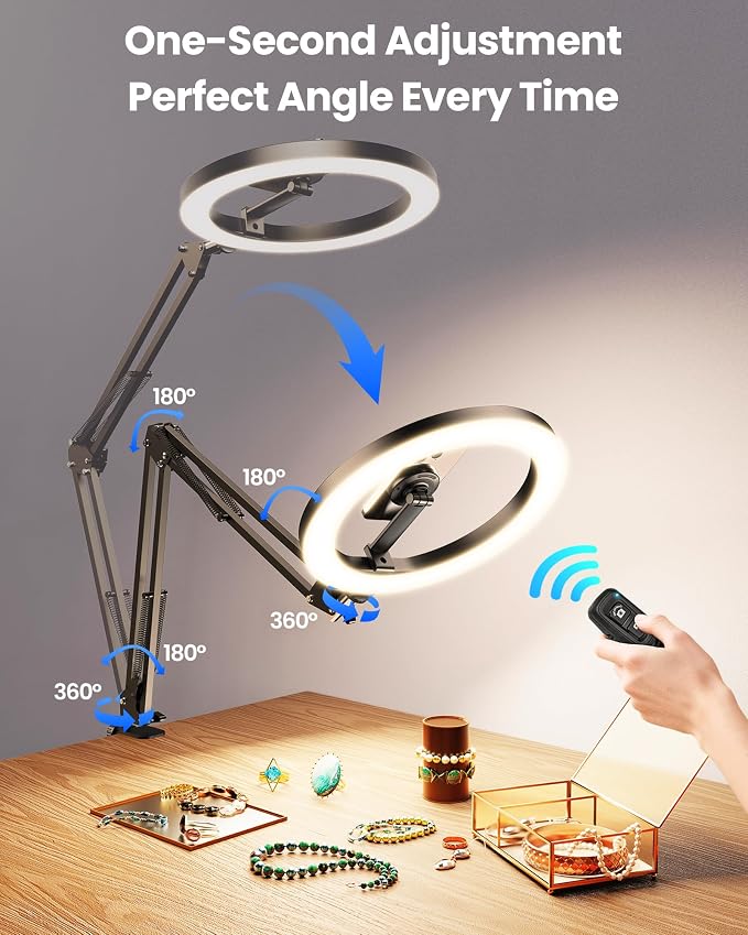 Magnetic Ring Light Overhead Camera Phone Mount for Desk, 10” Selfie Light for iPhone with MagSafe-Compatible Phone Holder for Video Recording, Zoom Meeting, Live Streaming