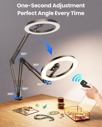 Magnetic Ring Light Overhead Camera Phone Mount for Desk, 10” Selfie Light for iPhone with MagSafe-Compatible Phone Holder for Video Recording, Zoom Meeting, Live Streaming