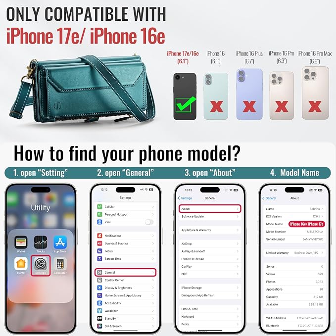 Strapurs Crossbody Wallet Case Compatible with iPhone 17e / iPhone 16e RFID Blocking 7-Card Holder PU Leather Magnetic Snap Shoulder Strap Zipper Pocket Phone Cases for iPhone 17e / 16e - Blue Green
