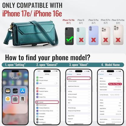 Strapurs Crossbody Wallet Case Compatible with iPhone 17e / iPhone 16e RFID Blocking 7-Card Holder PU Leather Magnetic Snap Shoulder Strap Zipper Pocket Phone Cases for iPhone 17e / 16e - Blue Green