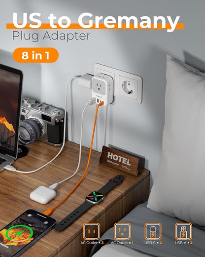 TESSAN Type F Plug Adapter 2 Pack, PD 20W South Korea Outlet Adapter with 4 AC Outlets 4 USB Ports (2 USB C), Type E Power Adaptor for US to Europe Spain Germany France Iceland Greece Russia Norway