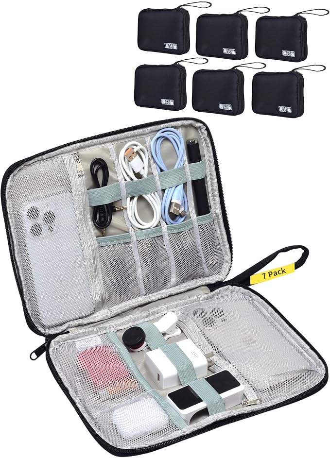 7 Pack Electronics Travel Organizer Case for Chargers and Cords | Large Travel Cable Organizer Pouch Electronic Accessories Carry Case for Power Bank, SD Card, Phone, Earphone Black