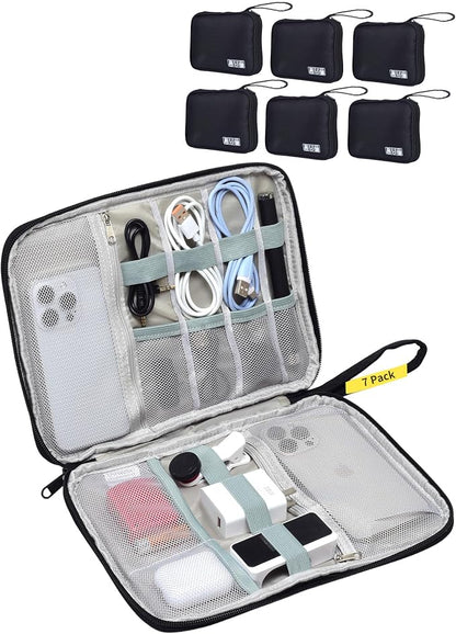 7 Pack Electronics Travel Organizer Case for Chargers and Cords | Large Travel Cable Organizer Pouch Electronic Accessories Carry Case for Power Bank, SD Card, Phone, Earphone Black