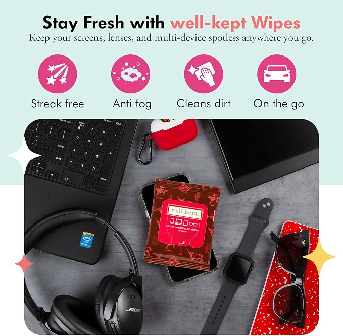 Well-Kept Tech & Lens Wipes - Eyeglass, Screen & Phone Cleaning, Multi-Surface, Lint-Free, Pre Moistened, Streak-Free & Non Scratching - Texas Hold Em, 12 Pack (180 Count)